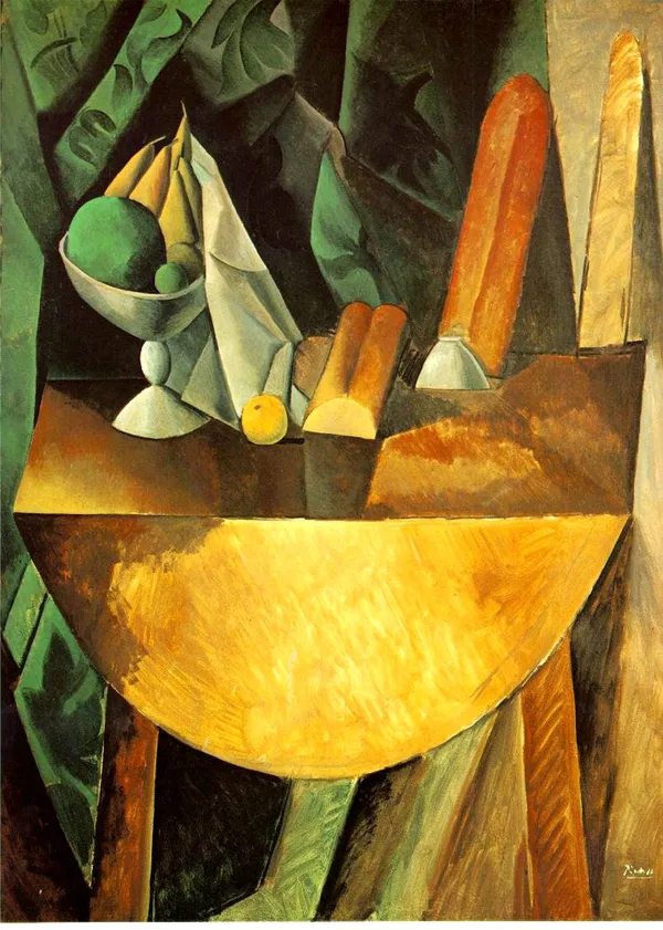 Bread_and_Fruit_Dish_on_A_Table_1909_,_A_Painting_by_Pablo_Picasso,_Framed_Canvas,_Multicolor
