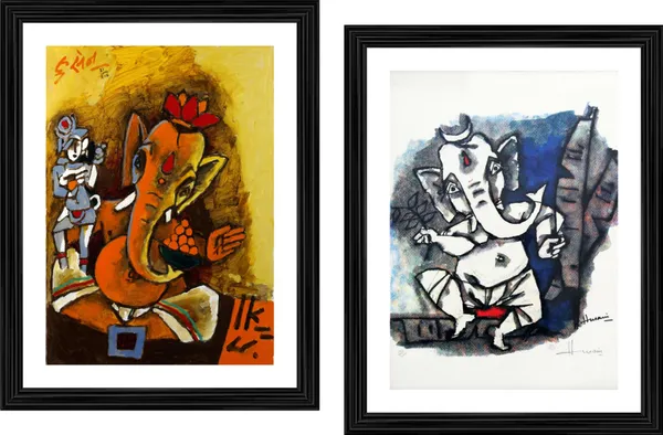 Ganesha_(2008)-Set_of_2_Paintings_by_M.F._Husain,_Framed,_Wall_Decor,_Multicolor