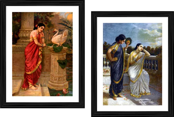 Damayanti-_with_Hans_&_her_companions,�_Raja_Ravi_Varma_Paintings,_Set_of_2,_Framed,_Multicolor
