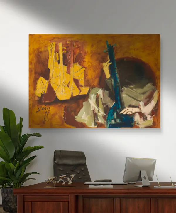 Veena_Players*-Set_of_2_Paintings_by_M.F._Husain,_Framed_Canvas,_Wall_Decor,_Multicolor