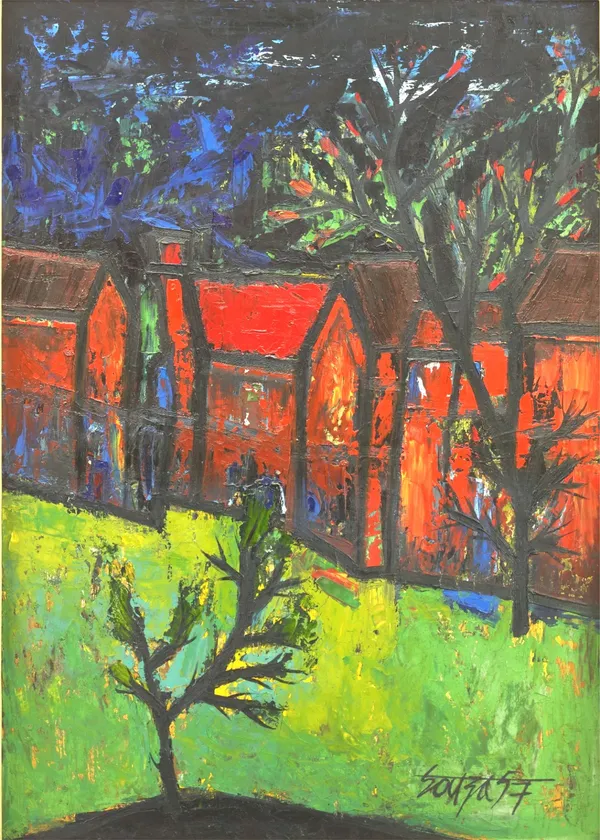 Red_Houses_with_Front_Garden_(1957),_A_Painting_by_Souza,_Framed,_Wall_D�cor,_Multicolor