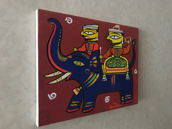 Two_Hunters_with_Elephant*_-_A_Jamini_Roy_Painting,_Framed_Canvas_Wall_Decor,_Multicolor