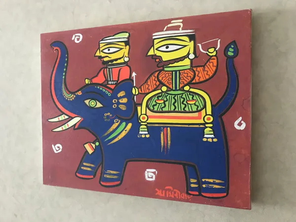 Two_Hunters_with_Elephant*_-_A_Jamini_Roy_Painting,_Framed_Canvas_Wall_Decor,_Multicolor