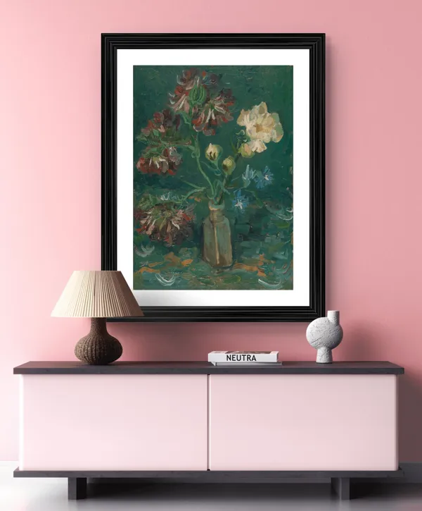 Vase_with_Peonies_and_Blue_Delphiniums_1886,_A_Painting_by_Van_Gogh,_Framed,_Wall_Decor,_Multicolor