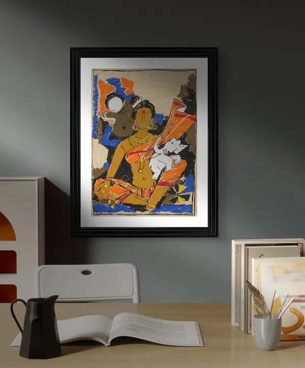 Saraswati_and_Lakshmi-_Set_of_2,_Paintings_by_M.F._Husain,_Framed,_Wall_Decor,_Multicolor