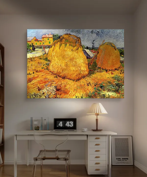 Haystacks_in_Provence_1888,_A_Painting_by_Van_Gogh,_Framed_Canvas,_Wall_Decor,_Multicolor