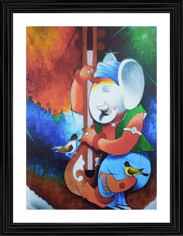 Ganesh_playing_Veena,_Indian_Traditional_Painting,_Framed,_Wall_D�cor,_Multicolor