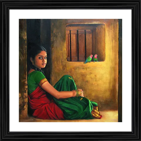 A_Girl_and_Parrots,_Indian_Traditional_Painting,_Framed,_Wall_D�cor,_Multicolor