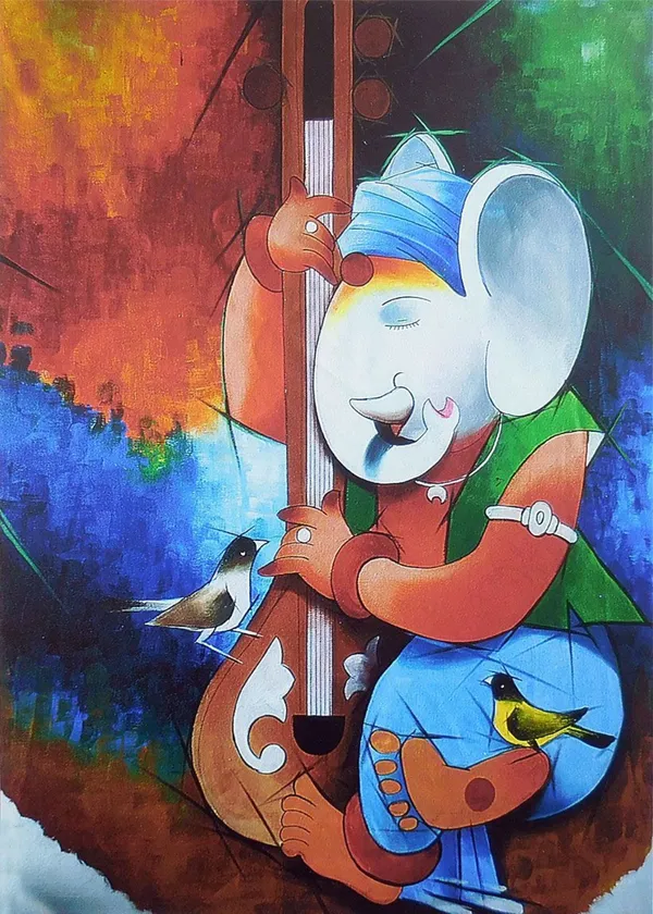 Ganesh_playing_Veena,_Indian_Traditional_Painting,_Framed,_Wall_D�cor,_Multicolor