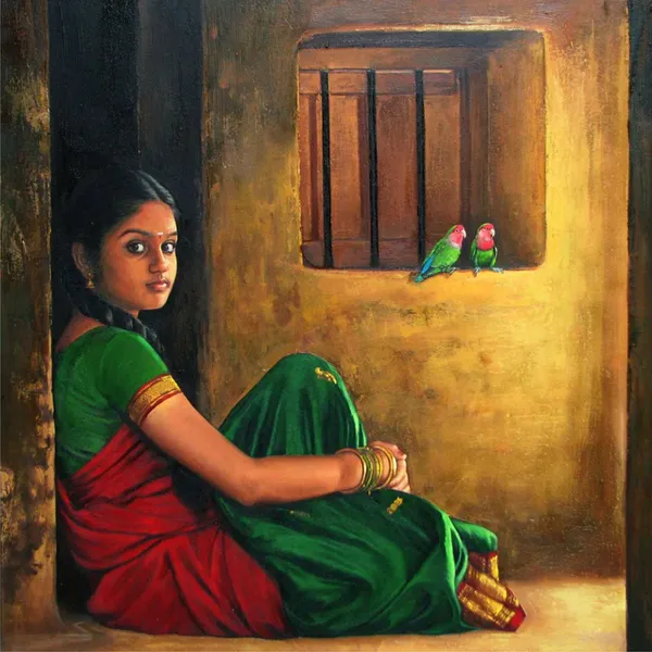 A_Girl_and_Parrots,_Indian_Traditional_Painting,_Framed,_Wall_D�cor,_Multicolor