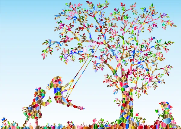 Girls_playing_under_a_Tree,_'Sky'_theme_Painting,_Framed,_Wall_D�cor,_Multicolor
