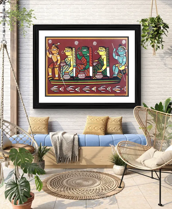 *Krishna_sailing_with_Gopika*_-_A_Jamini_Roy_Painting,_Framed_Wall_Decor,_Multicolor