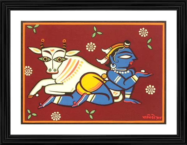 *Bal-Krishna_and_Cow*_-_A_Jamini_Roy_Painting,_Framed_Wall_Decor,_Multicolor