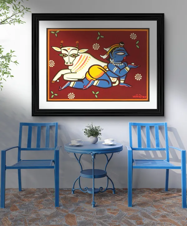 *Bal-Krishna_and_Cow*_-_A_Jamini_Roy_Painting,_Framed_Wall_Decor,_Multicolor