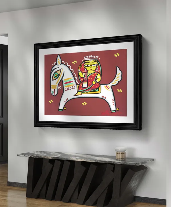 *Woman_on_the_Horse*_-_A_Jamini_Roy_Painting,_Framed_Wall_Decor,_Multicolor