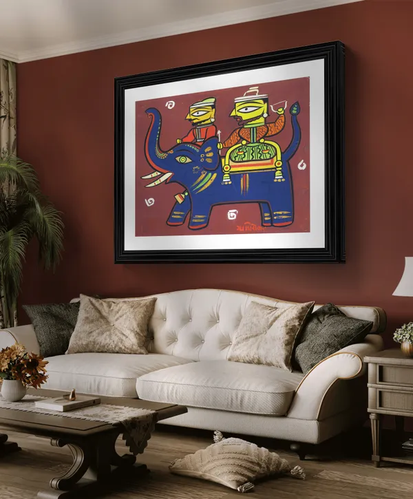 *Two_Hunters_with_Elephant*_-_A_Jamini_Roy_Painting,_Framed_Wall_Decor,_Multicolor