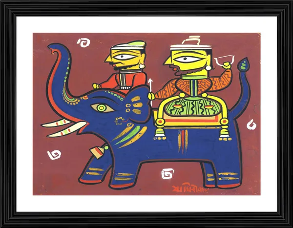 *Two_Hunters_with_Elephant*_-_A_Jamini_Roy_Painting,_Framed_Wall_Decor,_Multicolor