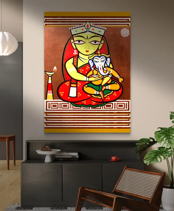 Ganesh-Parvati*_-_A_Jamini_Roy_Painting,_Framed_Canvas_Wall_Decor,_Multicolor