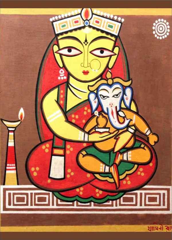 Ganesh-Parvati*_-_A_Jamini_Roy_Painting,_Framed_Canvas_Wall_Decor,_Multicolor