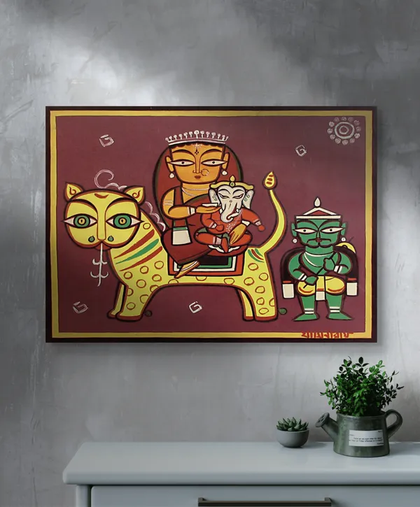 Parvati-Ganesh_on_'Vaahan'*_-_A_Jamini_Roy_Painting,_Framed_Canvas_Wall_Decor,_Multicolor