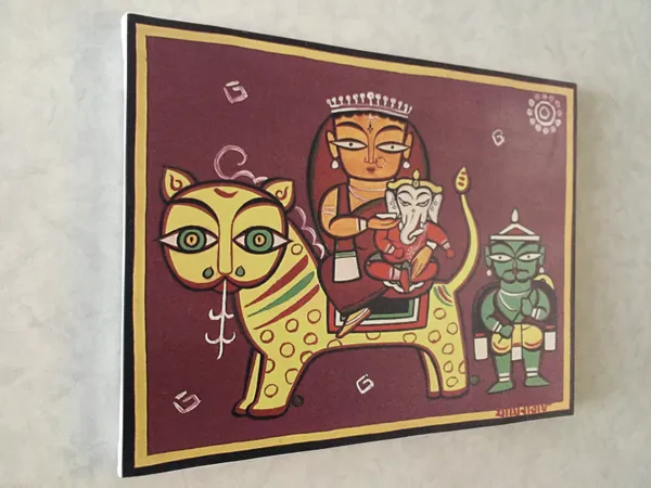 Parvati-Ganesh_on_'Vaahan'*_-_A_Jamini_Roy_Painting,_Framed_Canvas_Wall_Decor,_Multicolor