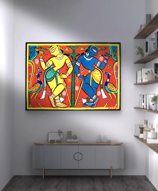 Krishna-Balram*_-_A_Jamini_Roy_Painting,_Framed_Canvas_Wall_Decor,_Multicolor