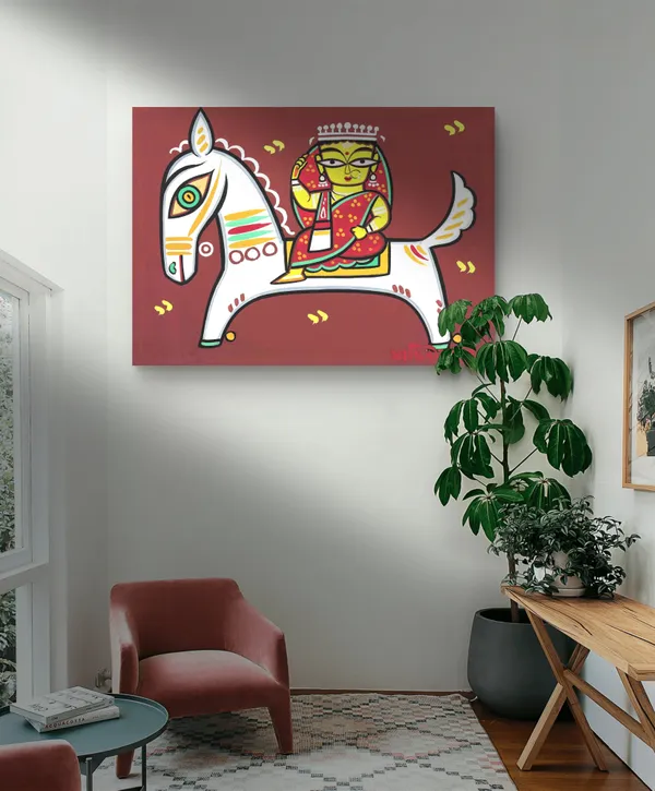 Woman_on_the_Horse*_-_A_Jamini_Roy_Painting,_Framed_Canvas_Wall_Decor,_Multicolor