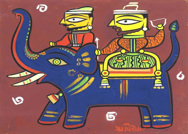 Two_Hunters_with_Elephant*_-_A_Jamini_Roy_Painting,_Framed_Canvas_Wall_Decor,_Multicolor