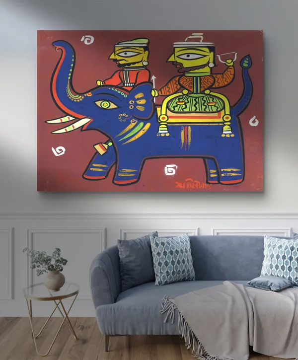 Two_Hunters_with_Elephant*_-_A_Jamini_Roy_Painting,_Framed_Canvas_Wall_Decor,_Multicolor