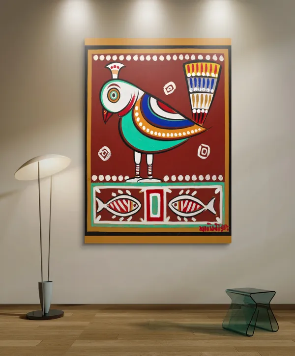 Bird_and_Fishes*,_A_Painting_by_Jamini_Roy,_Unframed_Canvas_Print,_Multicolor