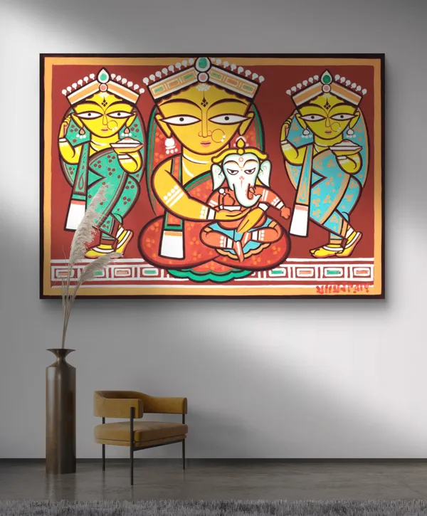 Parvati-Ganesh*,_A_Painting_by_Jamini_Roy,_Unframed_Canvas_Print,_Multicolor