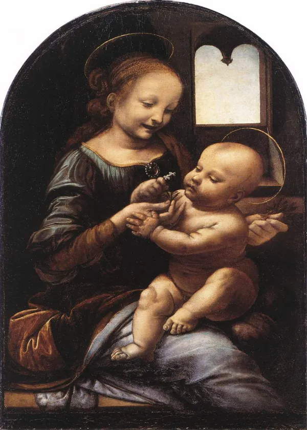 Madonna_and_Child_with_Flowers_(1478-80),_A_Painting_by_Leonardo-Da-Vinci,_Wall_Decor,_Framed_Canvas,_Multicolor