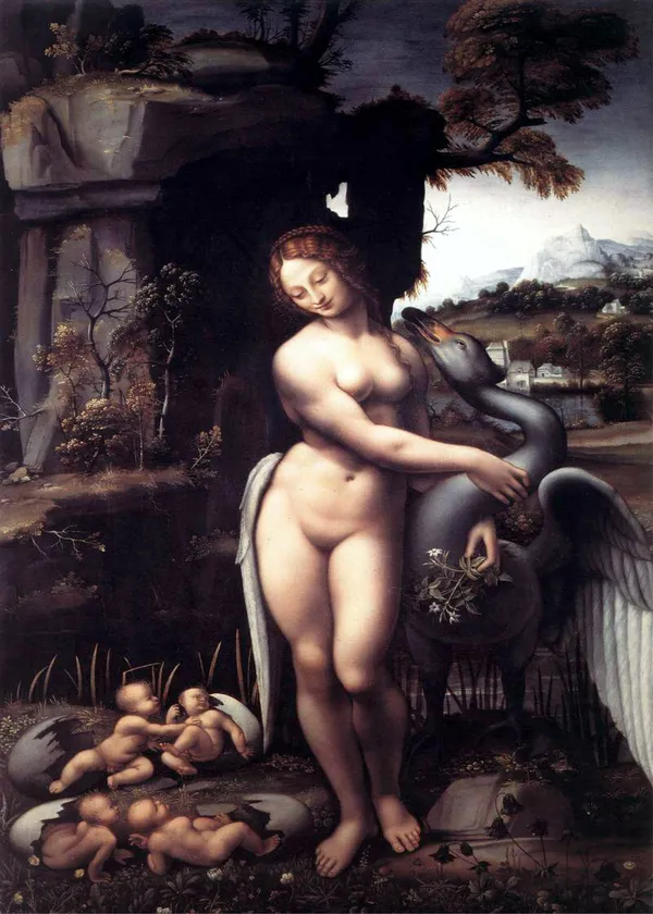 Leda_and_the_Swan_(1503-10),_A_Painting_by_Leonardo-Da-Vinci,_Wall_Decor,_Framed_Canvas,_Multicolor