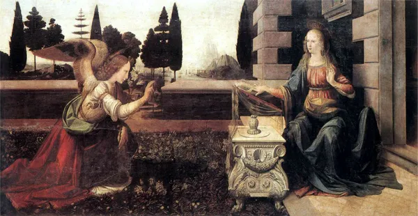 Annunciation_(1472-76),_A_Painting_by_Leonardo-Da-Vinci,_Wall_Decor,_Framed_Canvas,_Multicolor