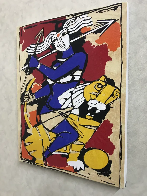 Goddess_Durga*_&_*Meerabai_and_Krishna*-Set_of_2_Paintings_by_M.F._Husain,_Framed_Canvas,_Wall_Decor,_Multicolor