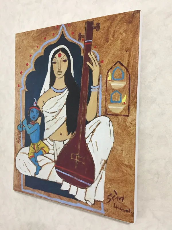 Goddess_Durga*_&_*Meerabai_and_Krishna*-Set_of_2_Paintings_by_M.F._Husain,_Framed_Canvas,_Wall_Decor,_Multicolor
