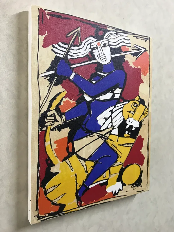 Goddess_Durga*_&_*Meerabai_and_Krishna*-Set_of_2_Paintings_by_M.F._Husain,_Framed_Canvas,_Wall_Decor,_Multicolor