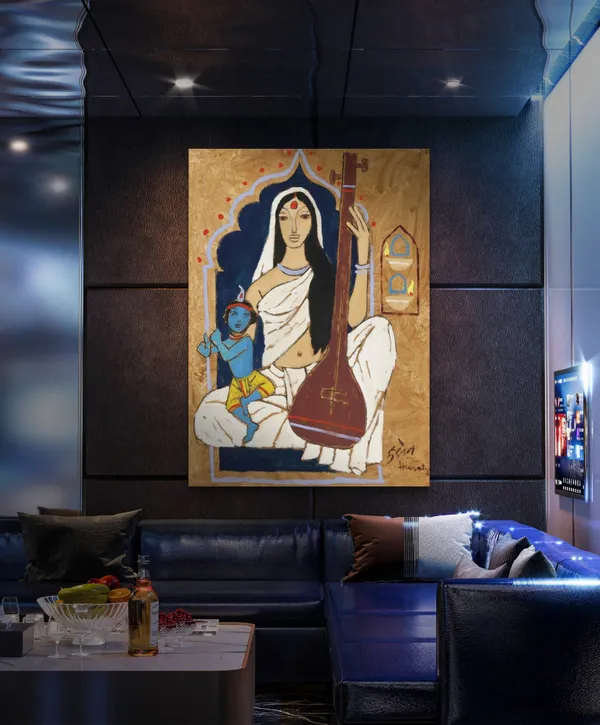 Goddess_Durga*_&_*Meerabai_and_Krishna*-Set_of_2_Paintings_by_M.F._Husain,_Framed_Canvas,_Wall_Decor,_Multicolor