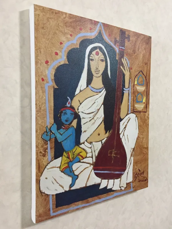 Goddess_Durga*_&_*Meerabai_and_Krishna*-Set_of_2_Paintings_by_M.F._Husain,_Framed_Canvas,_Wall_Decor,_Multicolor