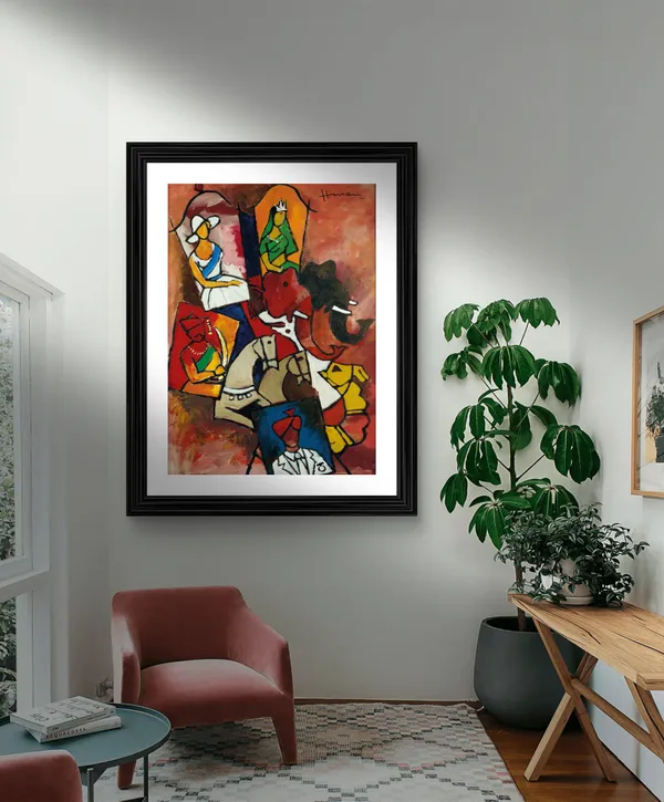 Royal_Procession*_&_*Gautam_Buddha*-Set_of_2_Paintings_by_M.F._Husain,_Framed,_Wall_Decor,_Multicolor
