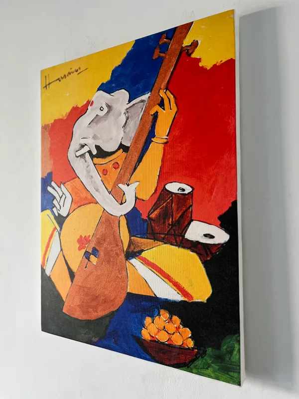 Ganesh_and_Veena*_&_*Ganesh_and_the_Moon*-Set_of_2_Paintings_by_M.F._Husain,_Framed_Canvas,_Wall_Decor,_Multicolor