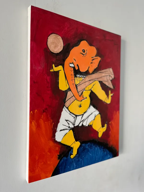 Ganesh_and_Veena*_&_*Ganesh_and_the_Moon*-Set_of_2_Paintings_by_M.F._Husain,_Framed_Canvas,_Wall_Decor,_Multicolor
