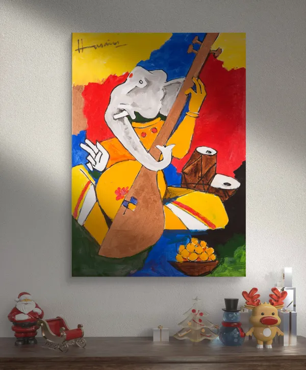 Ganesh_and_Veena*_&_*Ganesh_and_the_Moon*-Set_of_2_Paintings_by_M.F._Husain,_Framed_Canvas,_Wall_Decor,_Multicolor