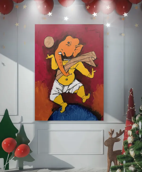 Ganesh_and_Veena*_&_*Ganesh_and_the_Moon*-Set_of_2_Paintings_by_M.F._Husain,_Framed_Canvas,_Wall_Decor,_Multicolor