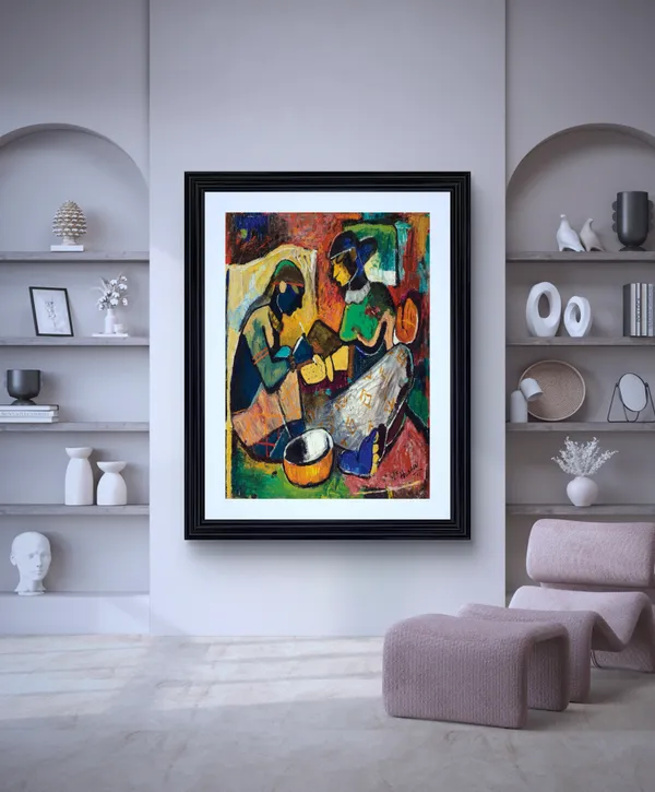 Maharashtriy_Women_(1950)_&_Mehendi_(1951)-_Set_of_2_Paintings_by_M.F._Husain,_Framed,_Wall_Decor,_Multicolor
