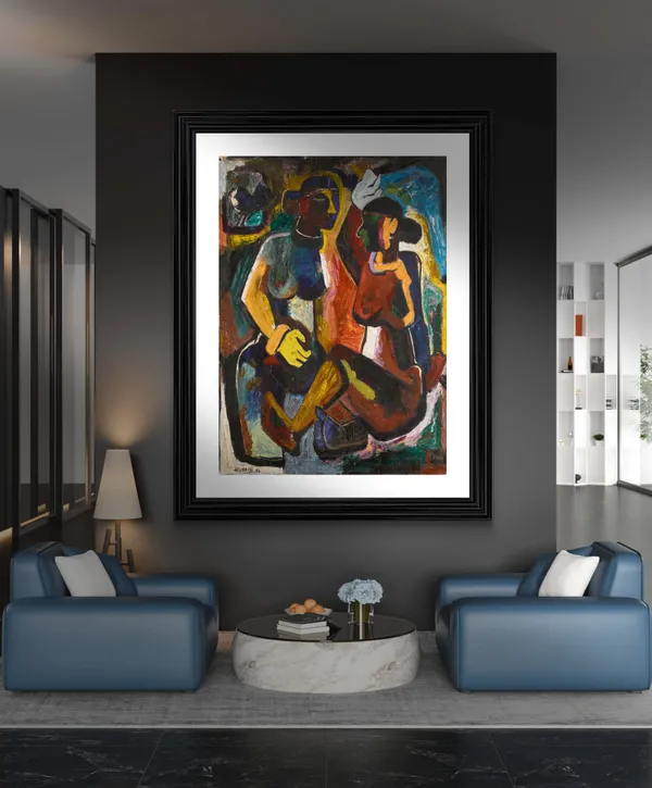 Maharashtriy_Women_(1950)_&_Mehendi_(1951)-_Set_of_2_Paintings_by_M.F._Husain,_Framed,_Wall_Decor,_Multicolor