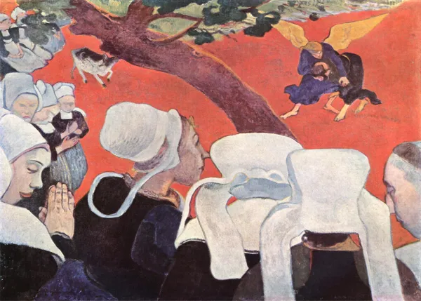 Vision_After_the_Sermon_(Jacob_Wrestling_with_the_Angel)_(1888)-_A_Painting_by_Paul_Gauguin,_Wall_Decor,_Framed_Canvas,_Multicolor