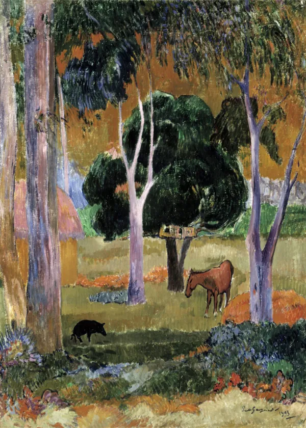 Landscape_with_a_Pig_and_a_Horse_(1903)-_A_Painting_by_Paul_Gauguin,_Wall_Decor,_Framed_Canvas,_Multicolor