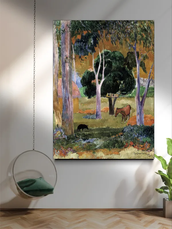 Landscape_with_a_Pig_and_a_Horse_(1903)-_A_Painting_by_Paul_Gauguin,_Wall_Decor,_Framed_Canvas,_Multicolor