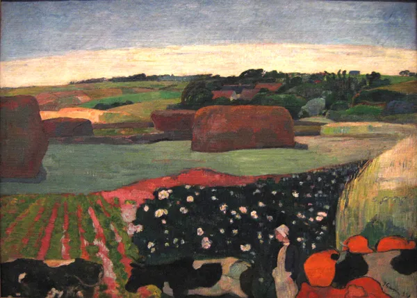 Haystacks_in_Brittany_(1890)-_A_Painting_by_Paul_Gauguin,_Wall_Decor,_Framed_Canvas,_Multicolor